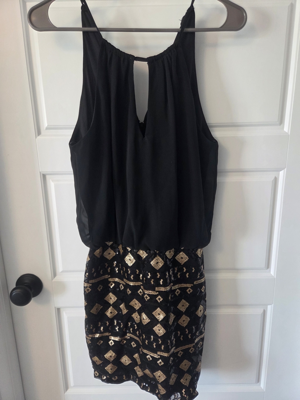 Black Sleeveless Dress with Gold Sequin Skirt